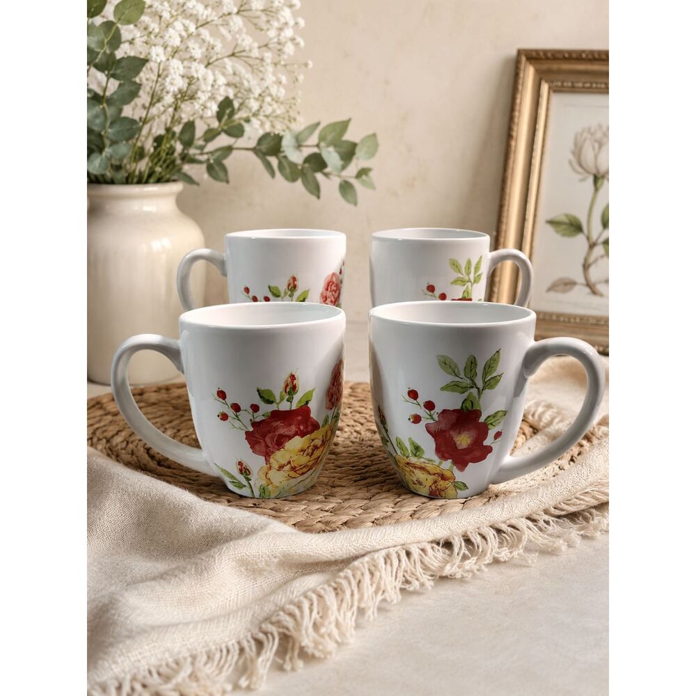 CORELLE Emma Jane Boutique Mugs (4) Set White Floral Print 13 oz Stoneware